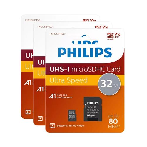 3 stuks Philips FM32MP45 Flashgeheugen Micro SDHC - 32GB microSD + Adapter, Klasse 10 UHS-I