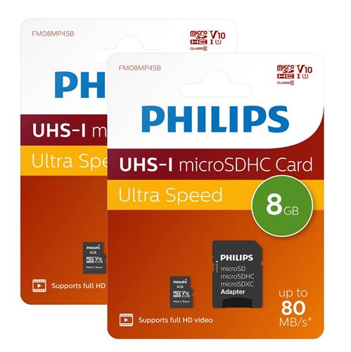 2x Philips FM08MP45B - Micro SDHC kaart 8GB incl. adapter - Class 10 - UHS-I U1 - 2-Pack