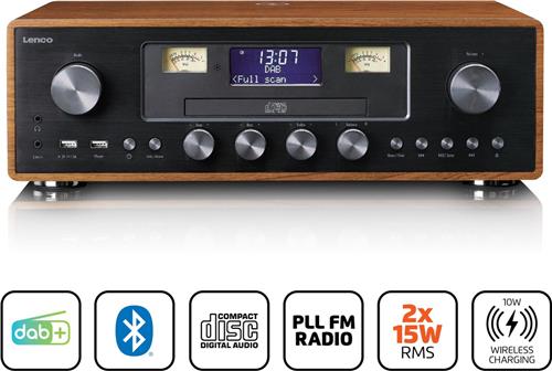 LENCO DAR-081WD - DAB+/FM radio met CD-speler, USB, Bluetooth® en draadloos oplaadpunt - Hout/Zwart