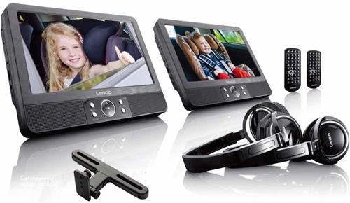 Lenco DVP-939 - 2x9 Portable DVD speler met USB,SD, ingebouwde batterij, 2x hoofdtelefoon en 2x bracket - Zwart