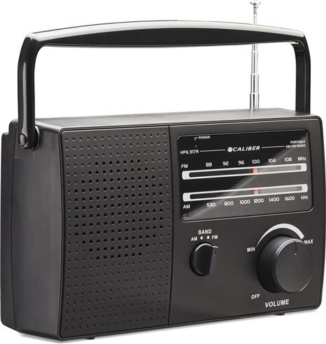 Caliber Radio op Batterijen - Draagbare Radio - Retro Radio - Noodradio - inclusief Netsnoer - Keukenradio - AM en FM radio met Handvat en Koptelefoonaansluiting - Zwart (HPG317R-B)