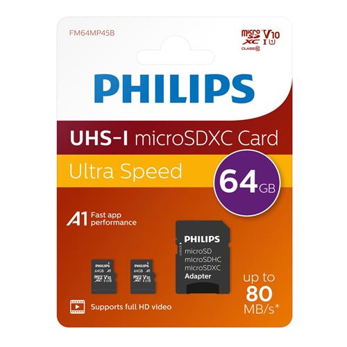 Philips FM64MP45D Micro SDXC kaart 64GB - incl. Adapter - Class 10 - UHS-I U1 - 2-Pack