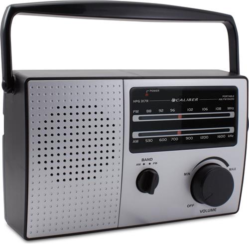 Caliber Radio op Batterijen - Retro Radio - Noodradio - Inclusief Netsnoer - Keukenradio - AM en FM radio met Handvat en Koptelefoonaansluiting - Zilver grijs (HPG317R)