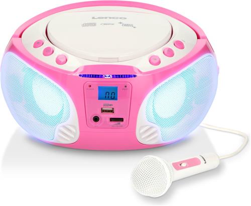 Lenco SCD-650PK - Draagbare radio CD speler met karaokemicrofoon en LED - Roze