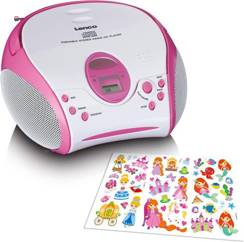 Lenco SCD-24 Kids - Draagbare Radio CD speler met AUX en sticker set - Roze